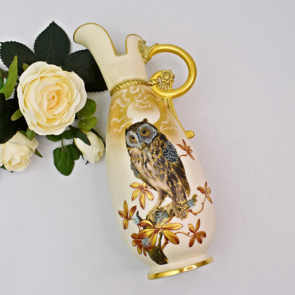 Royal Worcester Blush Ivory Ewer – Charles Baldwyn, Moonlit Owl Design – 1886 View V