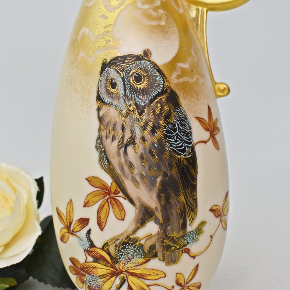 Royal Worcester Blush Ivory Ewer – Charles Baldwyn, Moonlit Owl Design – 1886 View VI