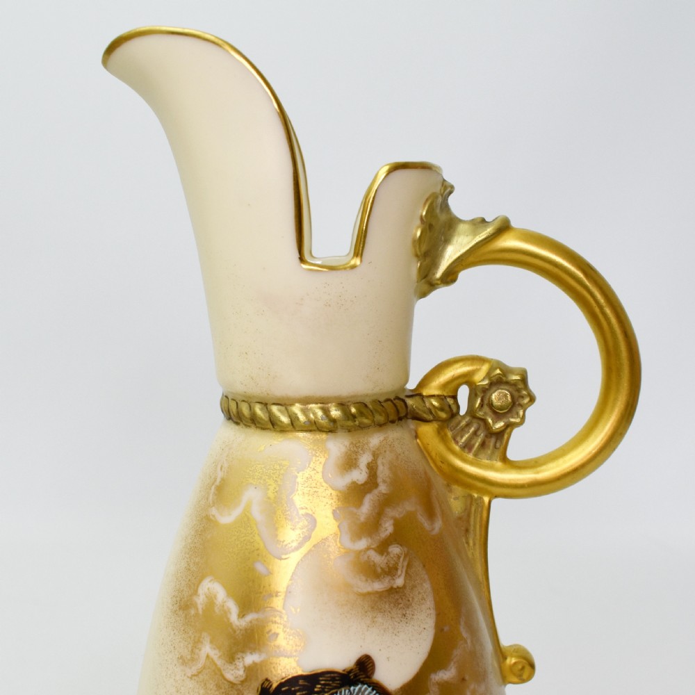 Royal Worcester Blush Ivory Ewer – Charles Baldwyn, Moonlit Owl Design – 1886 View VII