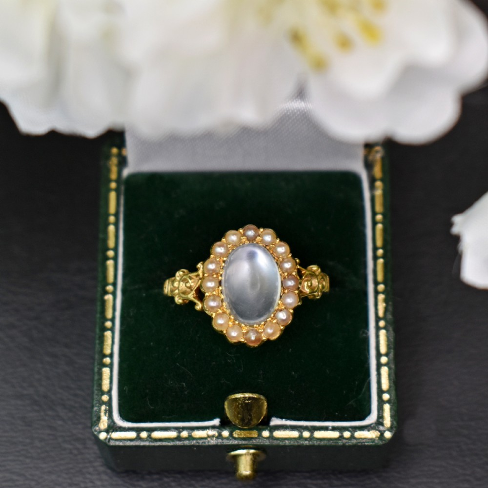 Antique 15ct Gold Moonstone & Seed Pearl Cluster Ring – Edwardian c.1900