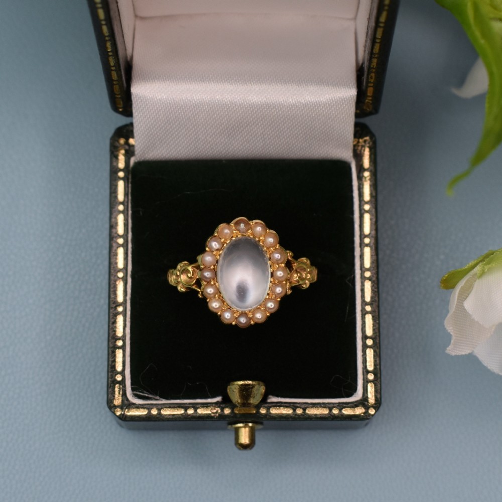 Antique 15ct Gold Moonstone & Seed Pearl Cluster Ring – Edwardian c.1900 View II