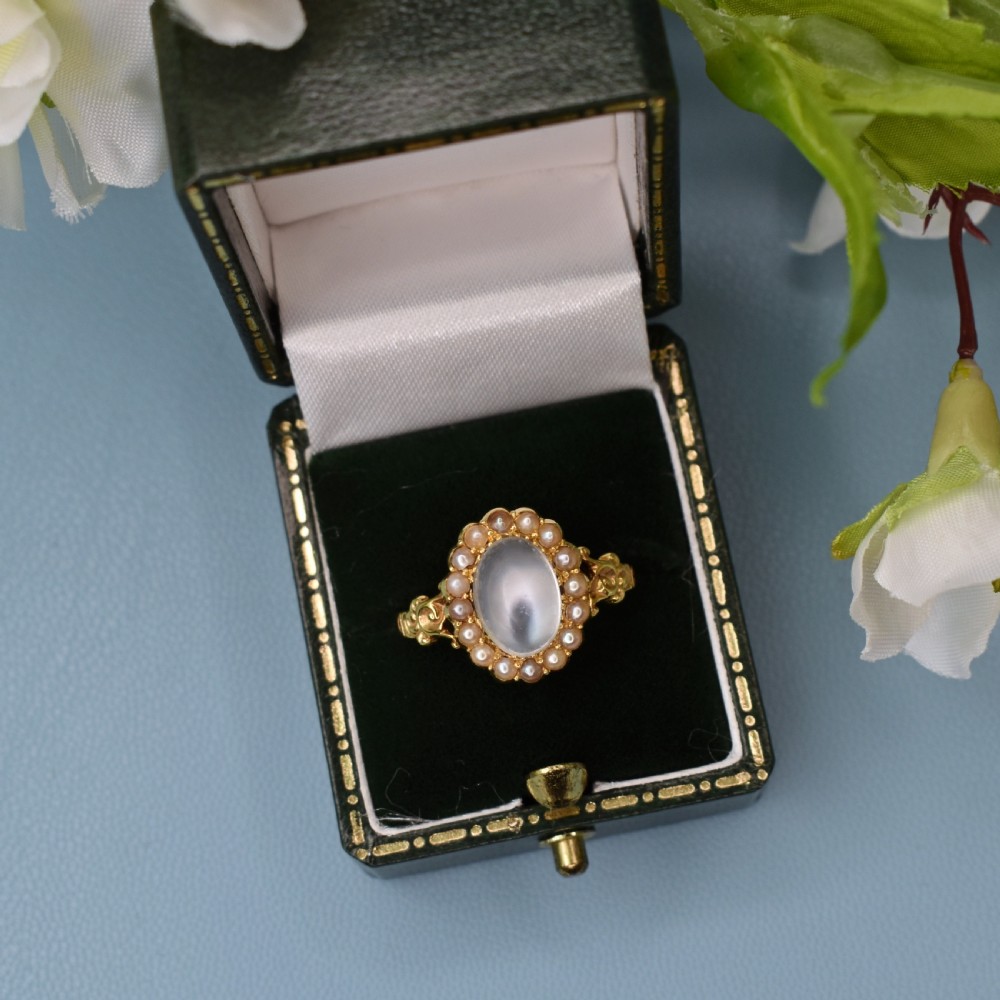 Antique 15ct Gold Moonstone & Seed Pearl Cluster Ring – Edwardian c.1900 View III
