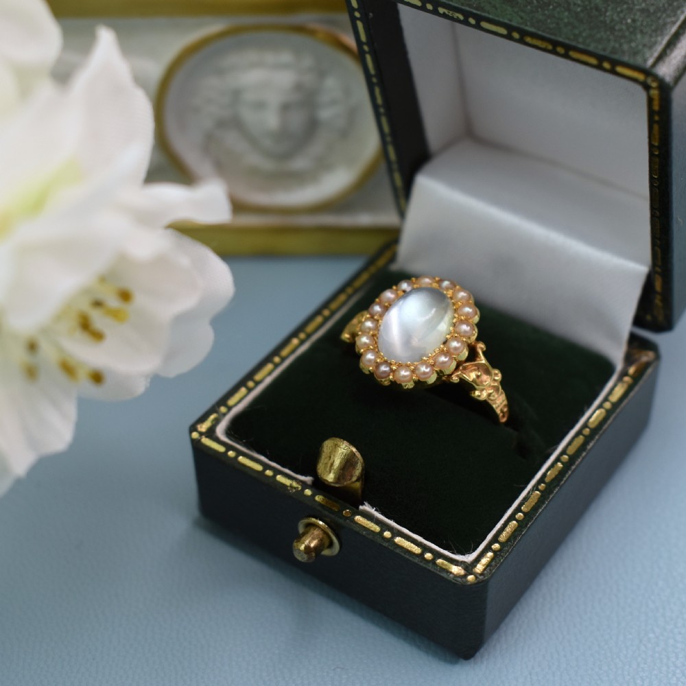 Antique 15ct Gold Moonstone & Seed Pearl Cluster Ring – Edwardian c.1900 View IV