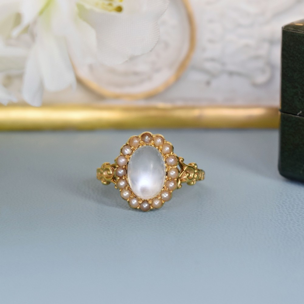 Antique 15ct Gold Moonstone & Seed Pearl Cluster Ring – Edwardian c.1900 View V