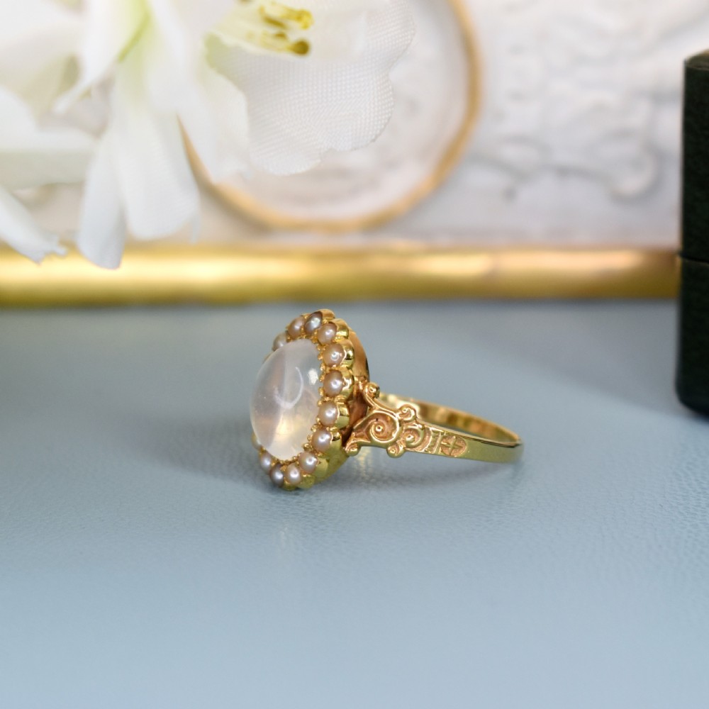 Antique 15ct Gold Moonstone & Seed Pearl Cluster Ring – Edwardian c.1900 View VI
