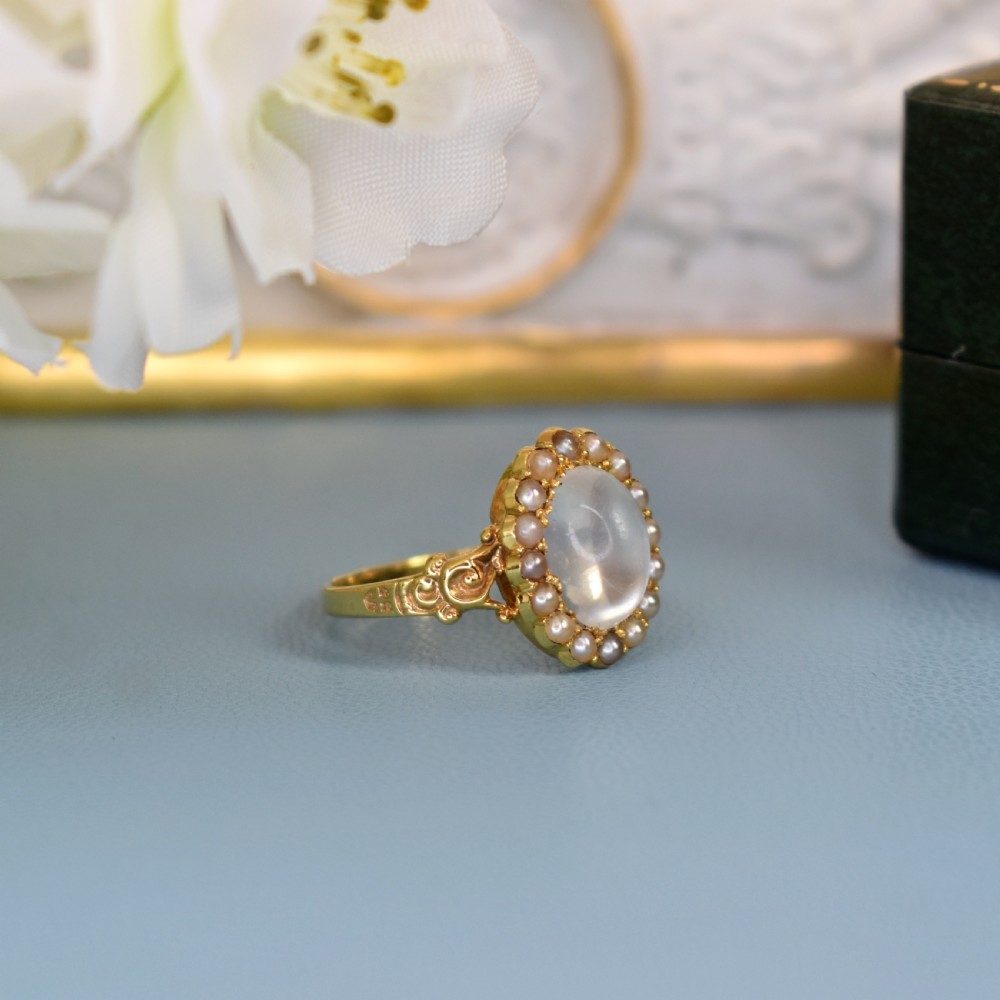 Antique 15ct Gold Moonstone & Seed Pearl Cluster Ring – Edwardian c.1900 View VII