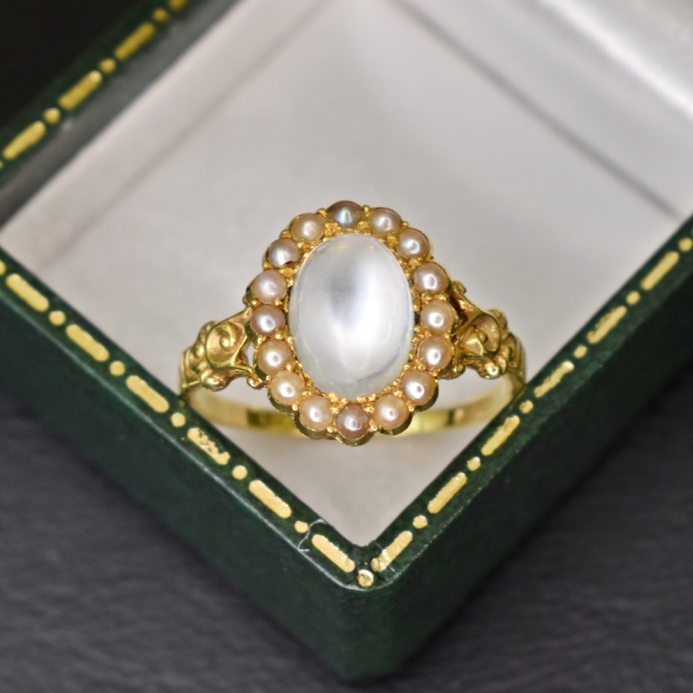 Antique 15ct Gold Moonstone & Seed Pearl Cluster Ring – Edwardian c.1900 View IX