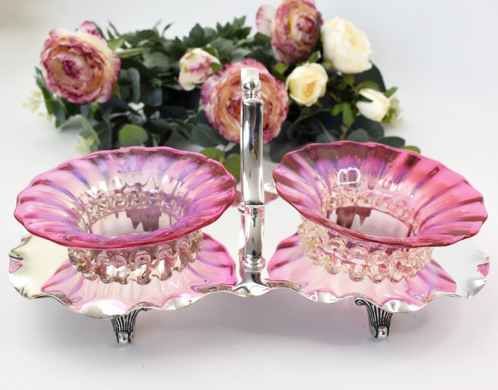 Victorian Cranberry Glass and Silver Plated Double Stand R. Richardson, Sheffield, c.1880