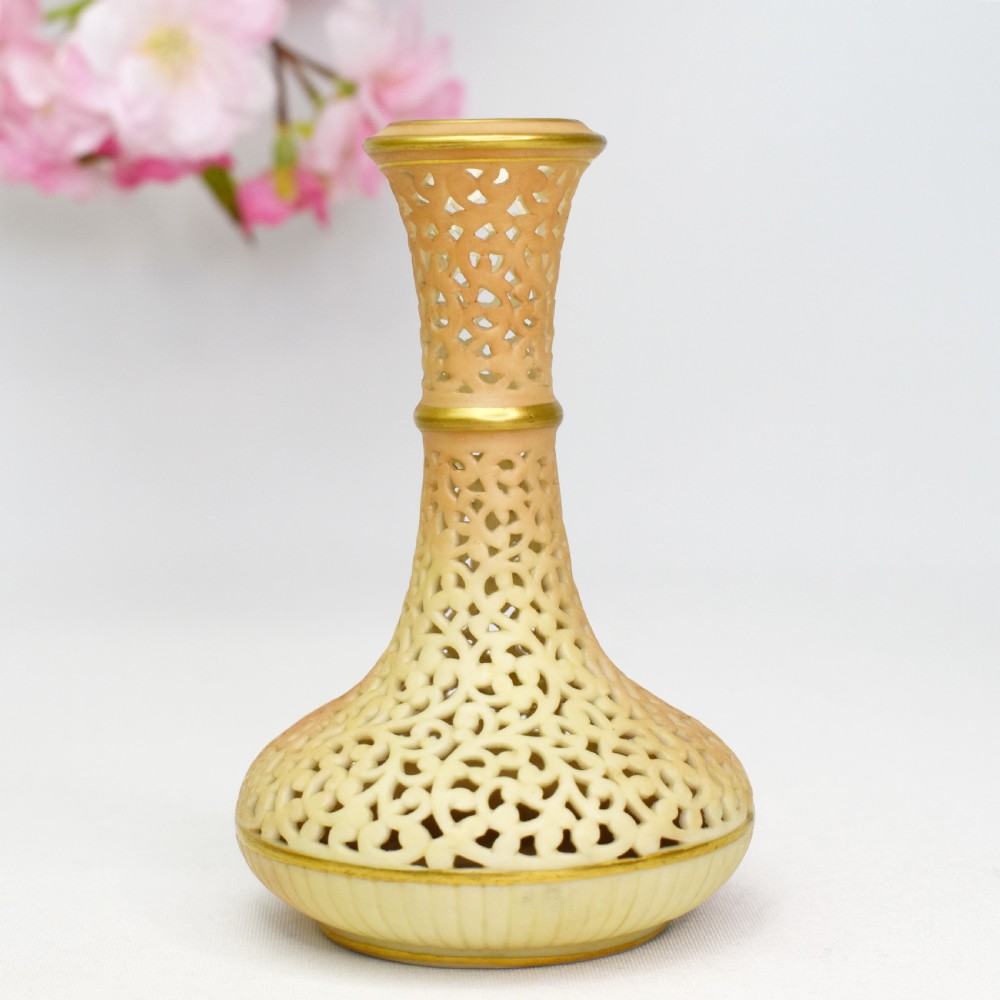 A Victorian Grainger Worcester reticulated porcelain bud vase with pierced openwork lattice decoration and gilded accents. View VI