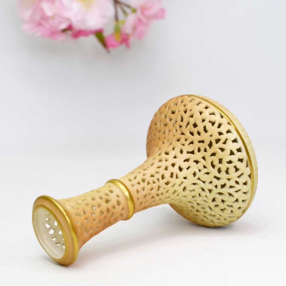 A Victorian Grainger Worcester reticulated porcelain bud vase with pierced openwork lattice decoration and gilded accents. View VII