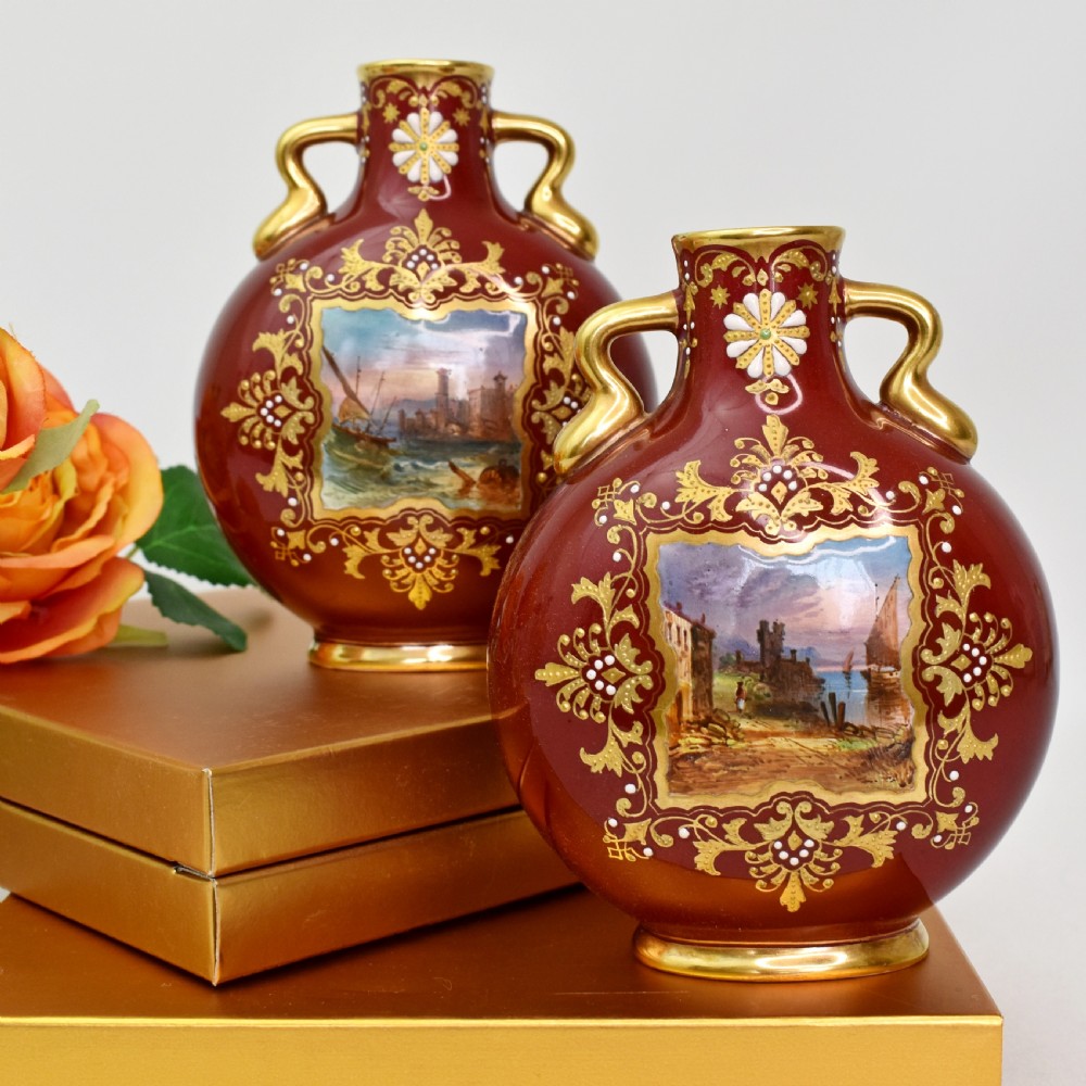 Pair of Coalport Moon Flasks, Hand-Painted Harbour Scenes, Claret Ground, circa 1880