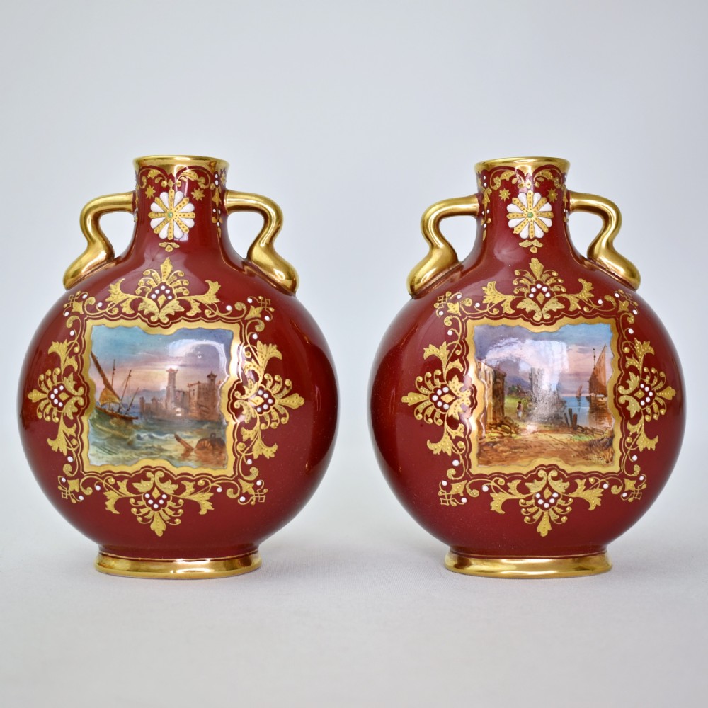 Pair of Coalport Moon Flasks, Hand-Painted Harbour Scenes, Claret Ground, circa 1880 View II