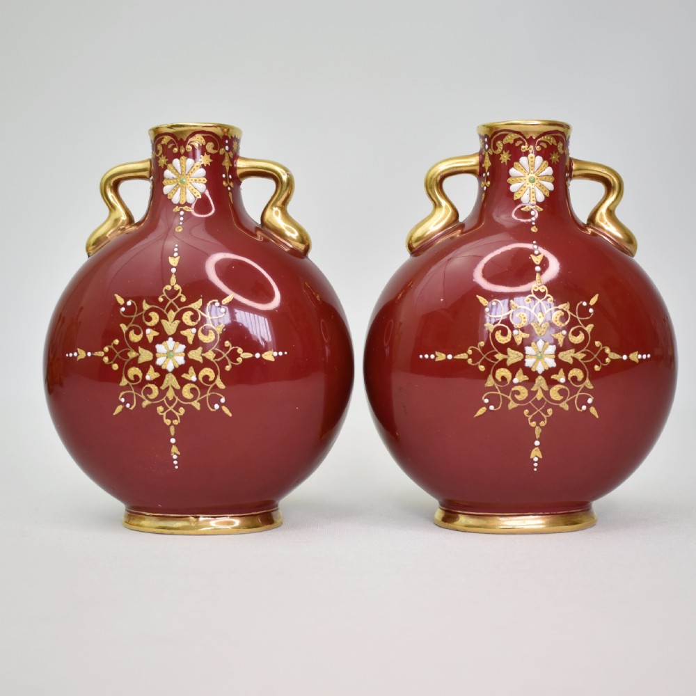 Pair of Coalport Moon Flasks, Hand-Painted Harbour Scenes, Claret Ground, circa 1880 View III
