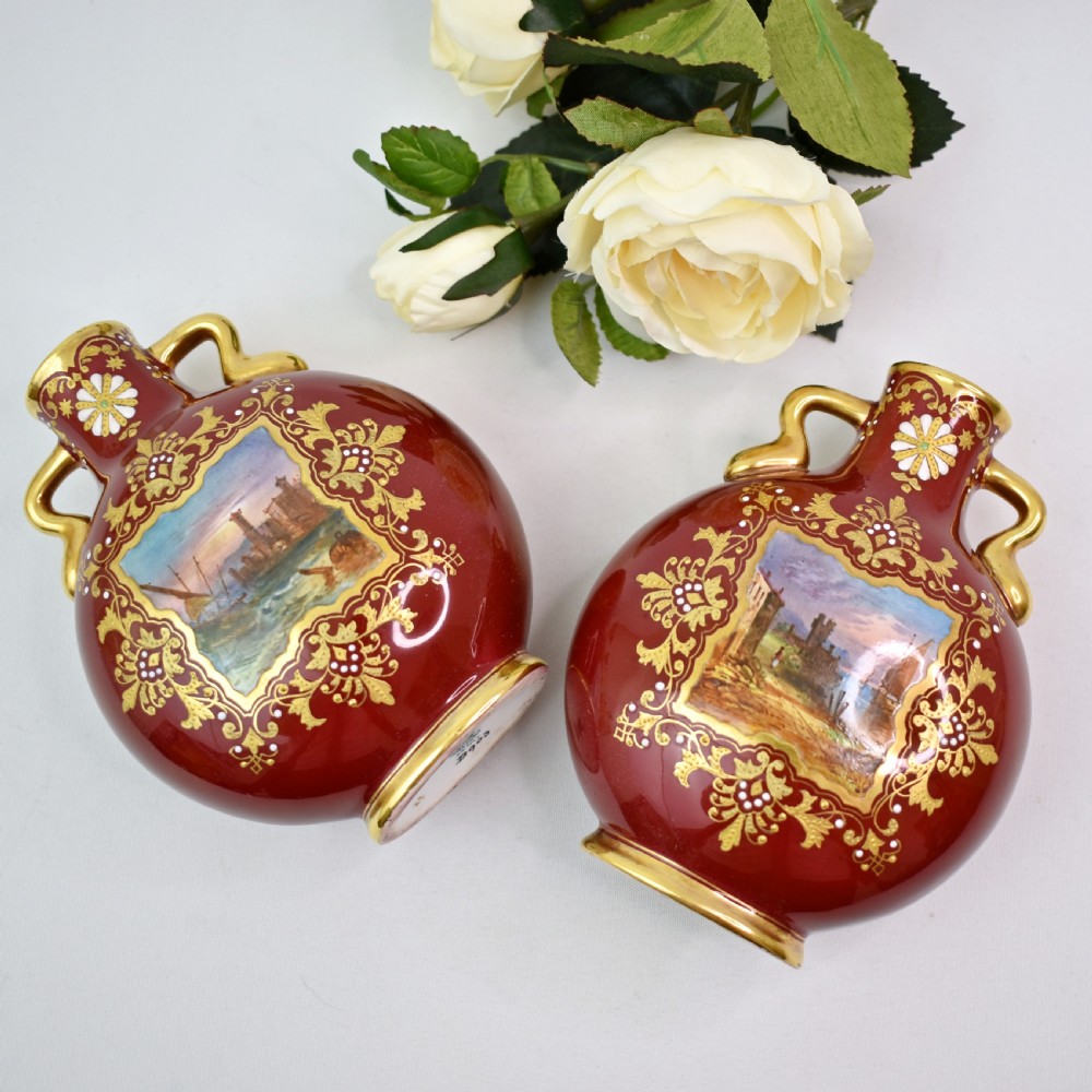 Pair of Coalport Moon Flasks, Hand-Painted Harbour Scenes, Claret Ground, circa 1880 View IV