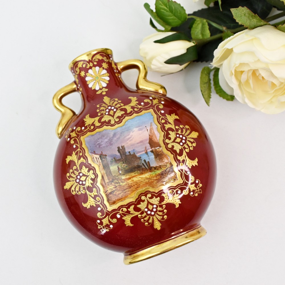 Pair of Coalport Moon Flasks, Hand-Painted Harbour Scenes, Claret Ground, circa 1880 View V