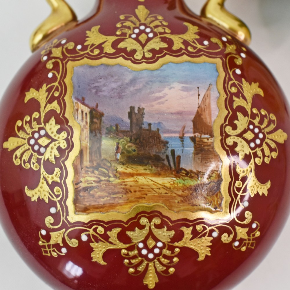 Pair of Coalport Moon Flasks, Hand-Painted Harbour Scenes, Claret Ground, circa 1880 View VI