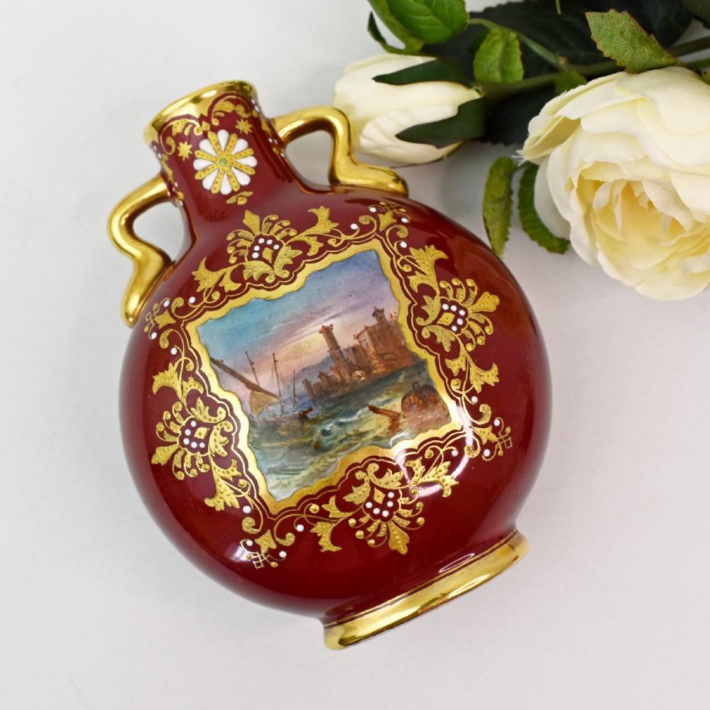 Pair of Coalport Moon Flasks, Hand-Painted Harbour Scenes, Claret Ground, circa 1880 View VII