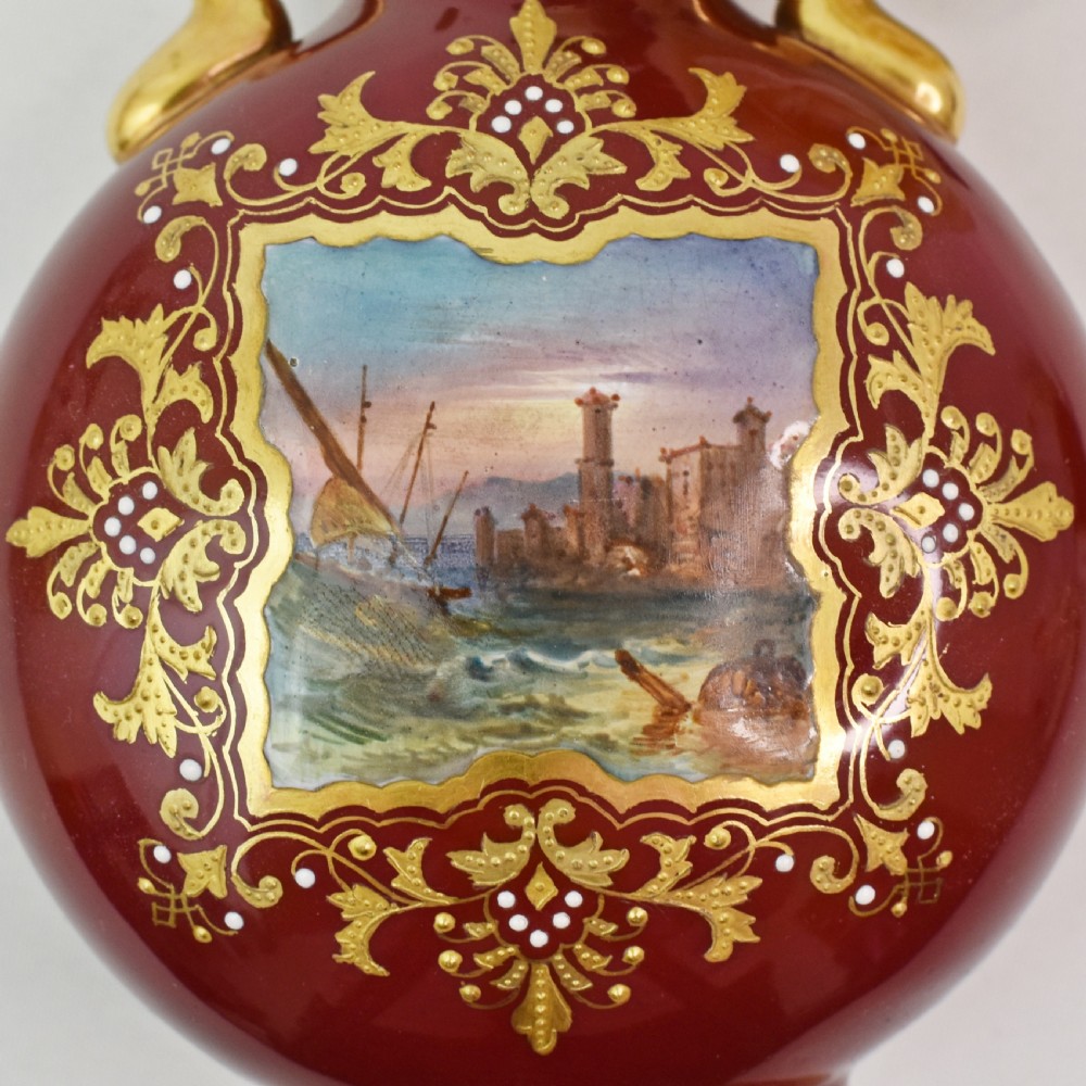 Pair of Coalport Moon Flasks, Hand-Painted Harbour Scenes, Claret Ground, circa 1880 View VIII