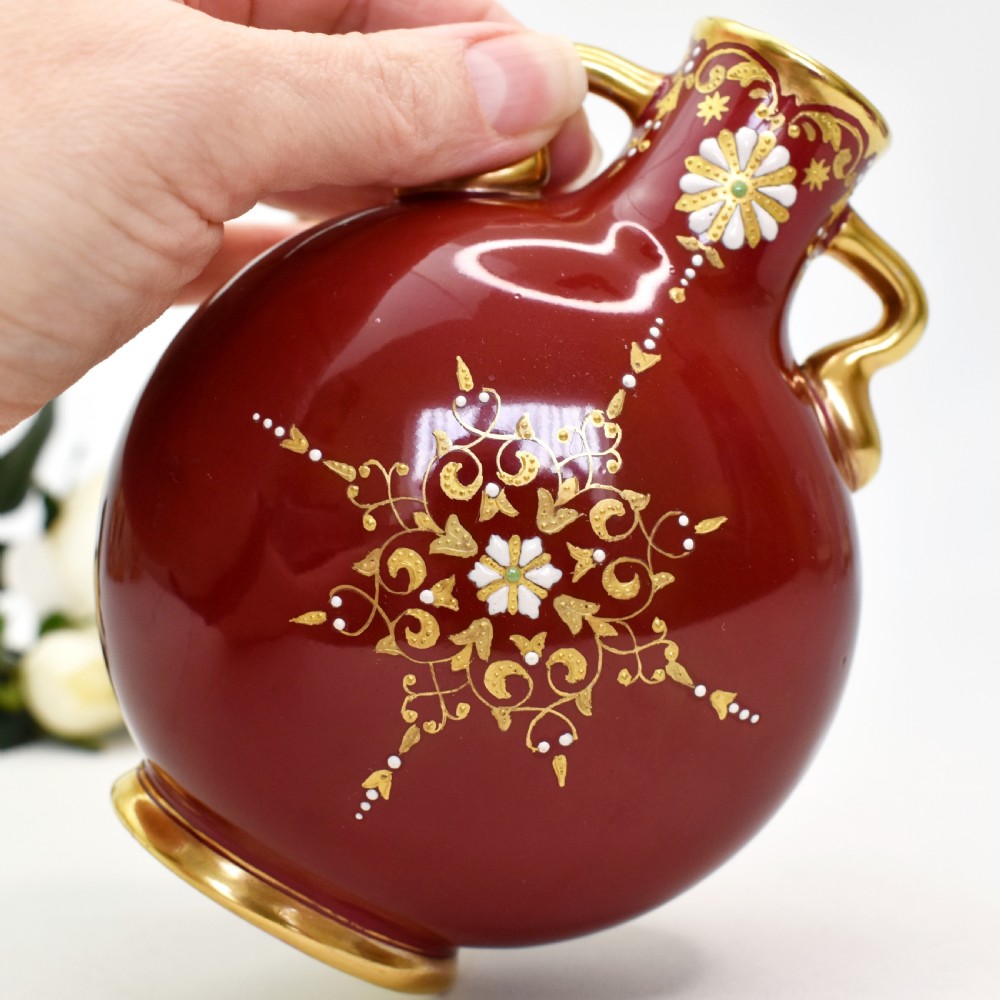 Pair of Coalport Moon Flasks, Hand-Painted Harbour Scenes, Claret Ground, circa 1880 View IX