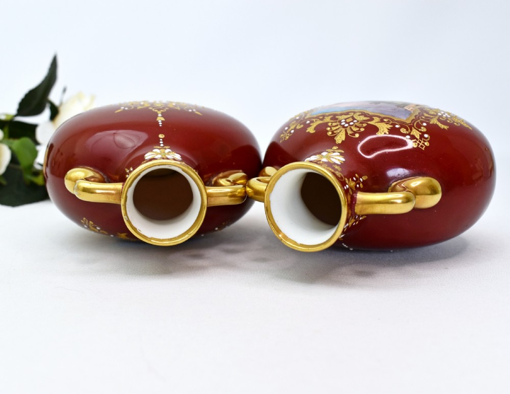 Pair of Coalport Moon Flasks, Hand-Painted Harbour Scenes, Claret Ground, circa 1880 View X