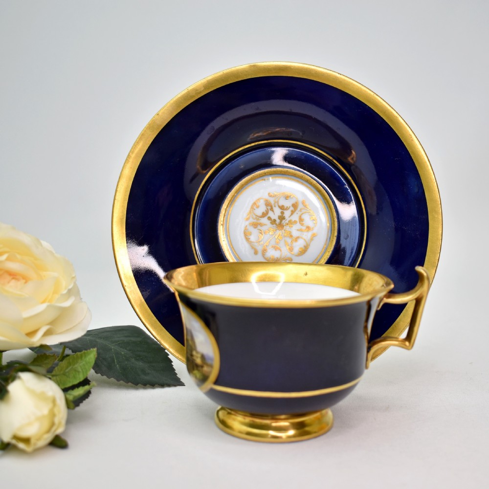 Fine 19th Century Meissen Cobalt and Burnished Gold Topographical Cup and Saucer, c.1830-40 View III