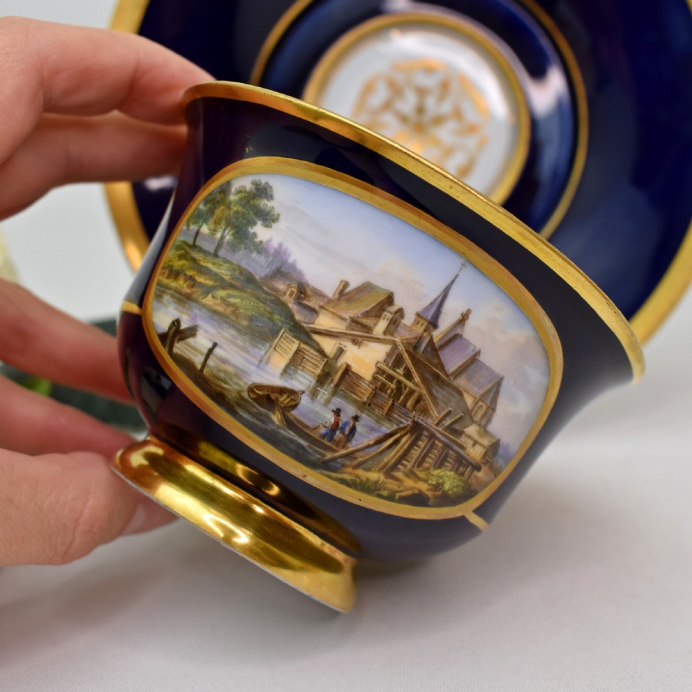 Fine 19th Century Meissen Cobalt and Burnished Gold Topographical Cup and Saucer, c.1830-40 View IV