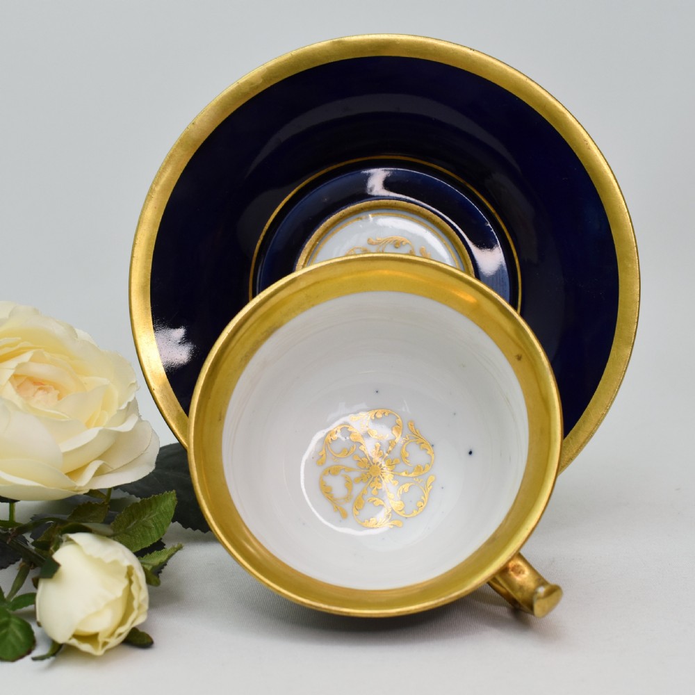 Fine 19th Century Meissen Cobalt and Burnished Gold Topographical Cup and Saucer, c.1830-40 View V