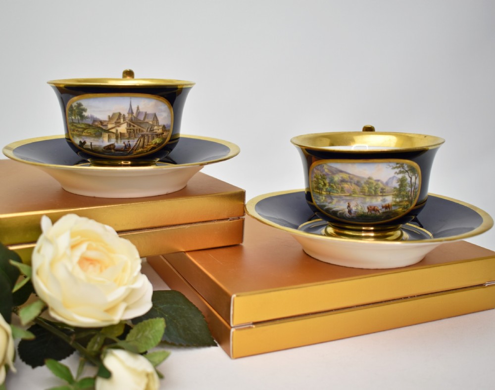 Fine 19th Century Meissen Cobalt and Burnished Gold Topographical Cup and Saucer, c.1830-40 View IX