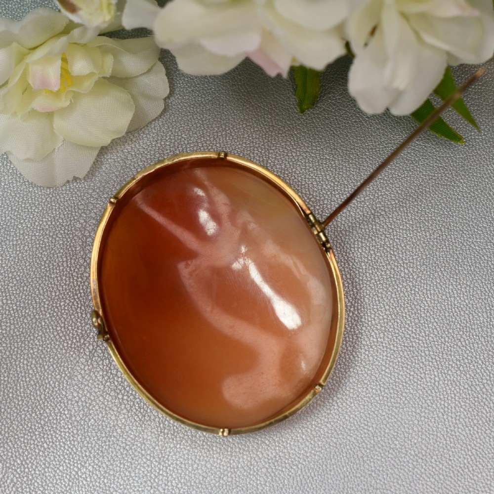 A mid-19th century oval shell cameo brooch set in a 9ct gold frame, depicting the Persian Sibyl after Guercino in relief. View XII
