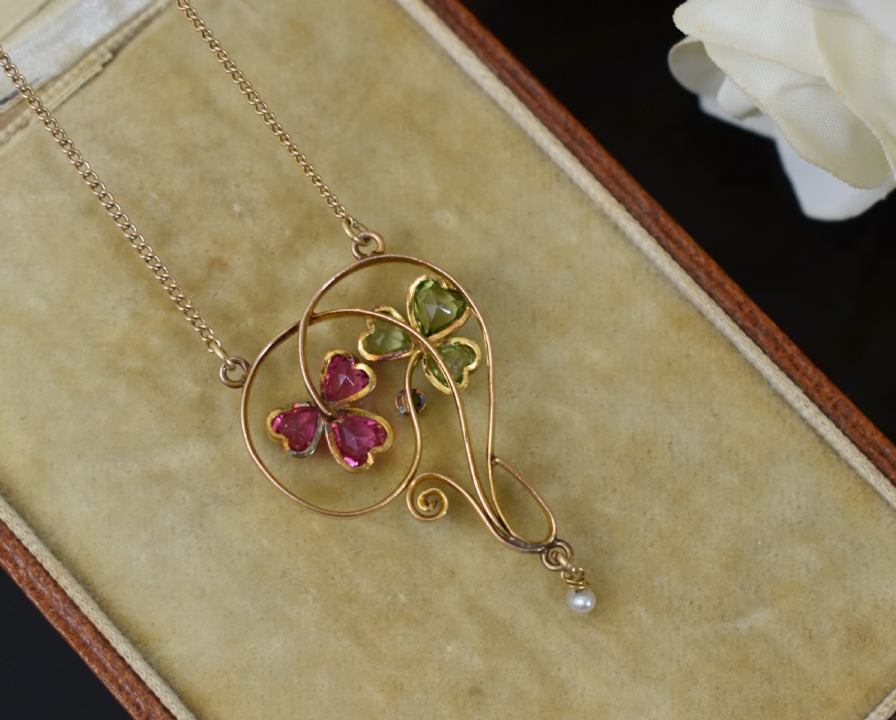Antique Edwardian 9ct Gold Art Nouveau Clover Pendant – Lucky Charm with Paste & Pearl View VI