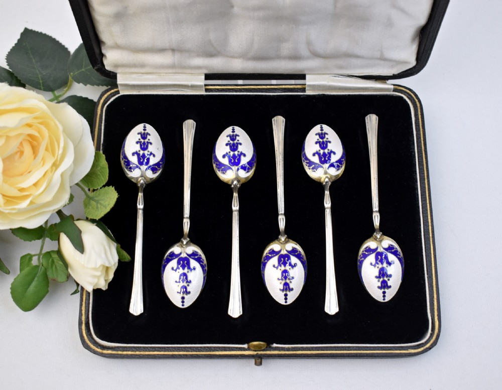 Vintage Sterling Silver Guilloché Enamel Tea Spoons in Original Box – Turner & Simpson Ltd