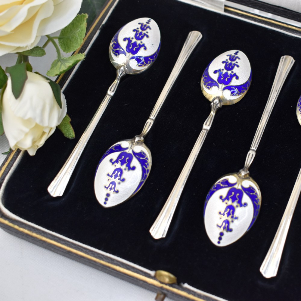 Vintage Sterling Silver Guilloché Enamel Tea Spoons in Original Box – Turner & Simpson Ltd View II
