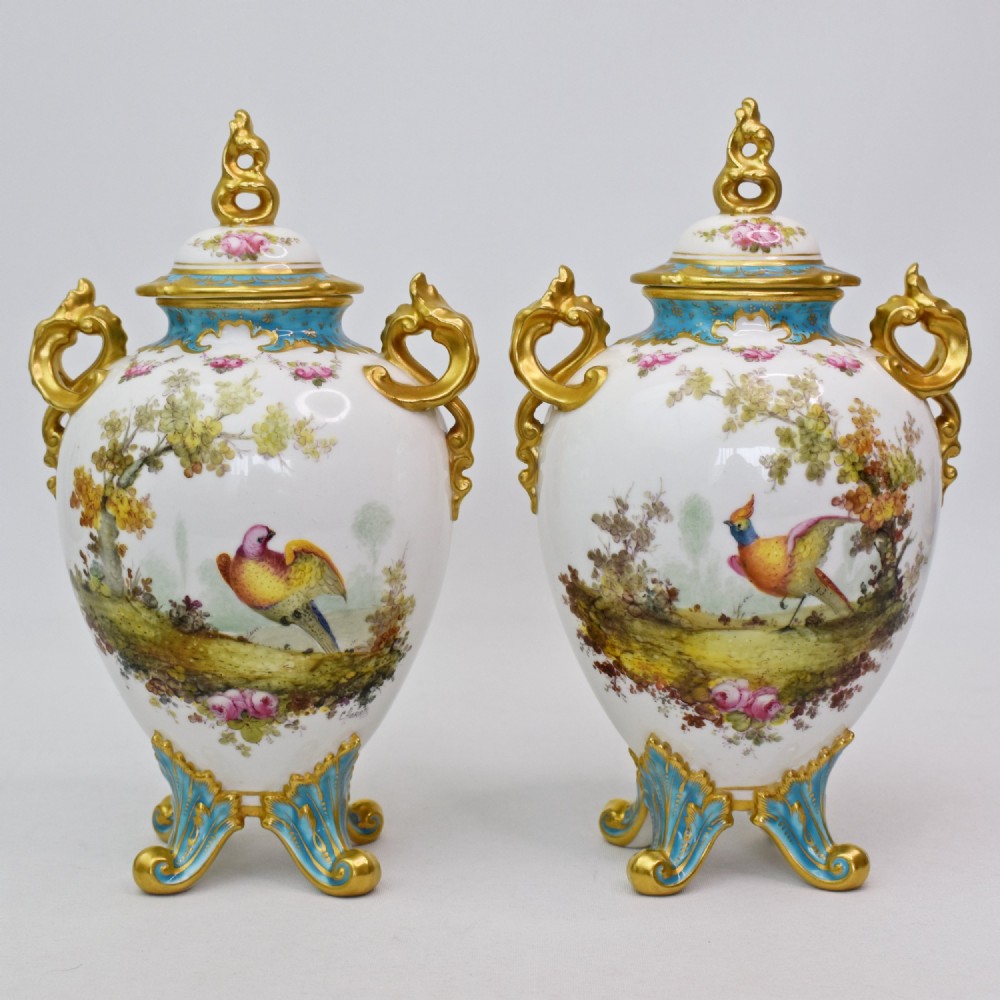 A Fine Pair of Royal Crown Derby Twin-Handled Lidded Vases by Charles Harris, 1906