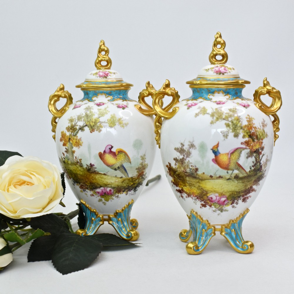 A Fine Pair of Royal Crown Derby Twin-Handled Lidded Vases by Charles Harris, 1906 View II