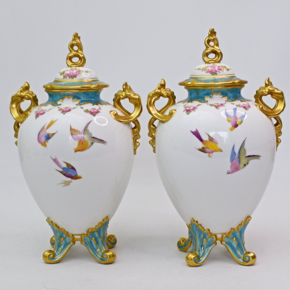 A Fine Pair of Royal Crown Derby Twin-Handled Lidded Vases by Charles Harris, 1906 View IV