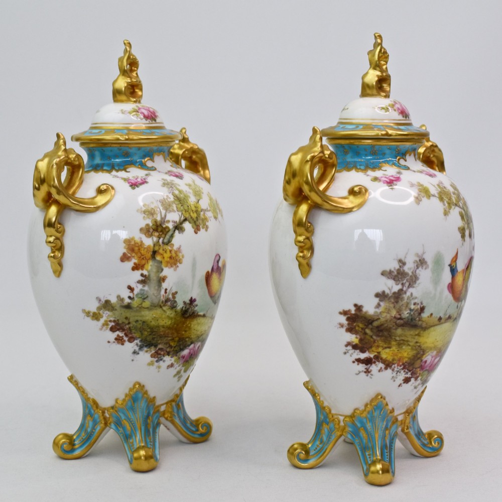 A Fine Pair of Royal Crown Derby Twin-Handled Lidded Vases by Charles Harris, 1906 View V