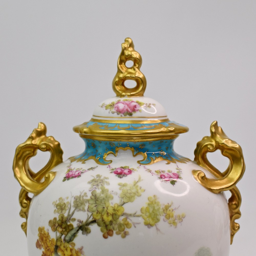 A Fine Pair of Royal Crown Derby Twin-Handled Lidded Vases by Charles Harris, 1906 View VIII