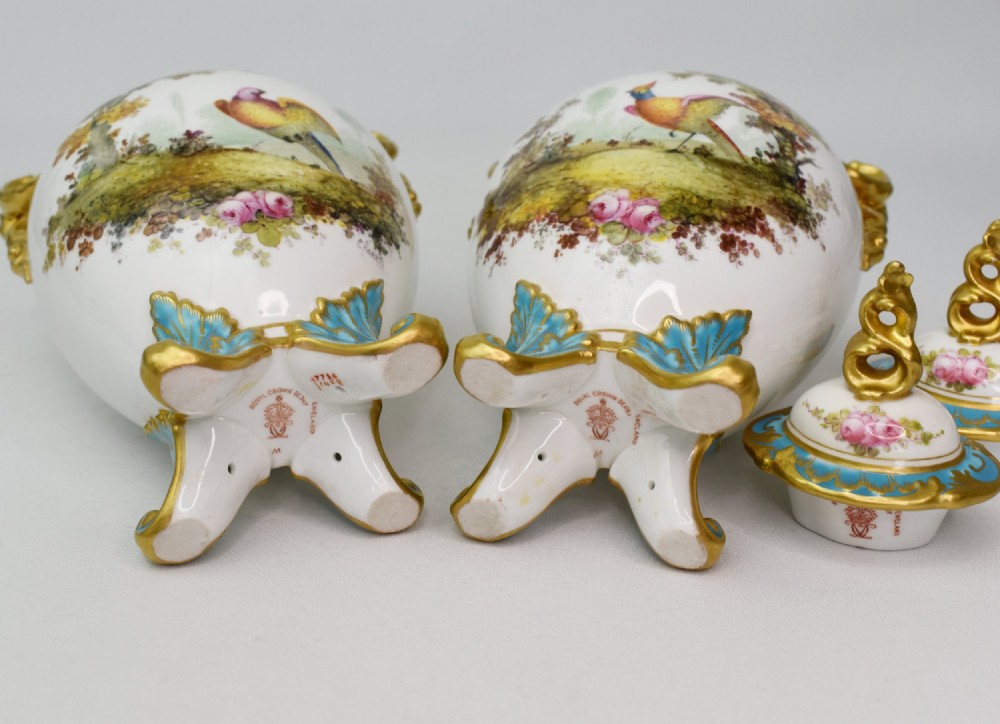 A Fine Pair of Royal Crown Derby Twin-Handled Lidded Vases by Charles Harris, 1906 View XIII
