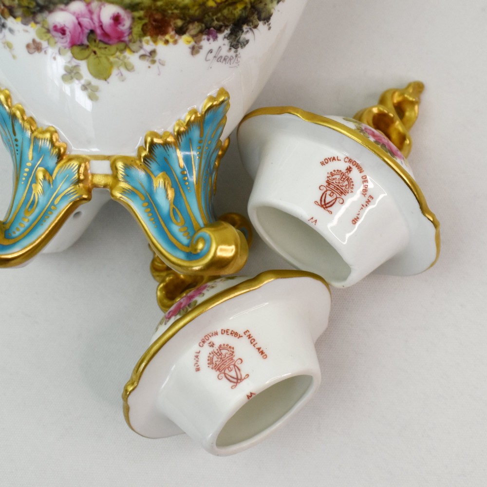 A Fine Pair of Royal Crown Derby Twin-Handled Lidded Vases by Charles Harris, 1906 View XIV