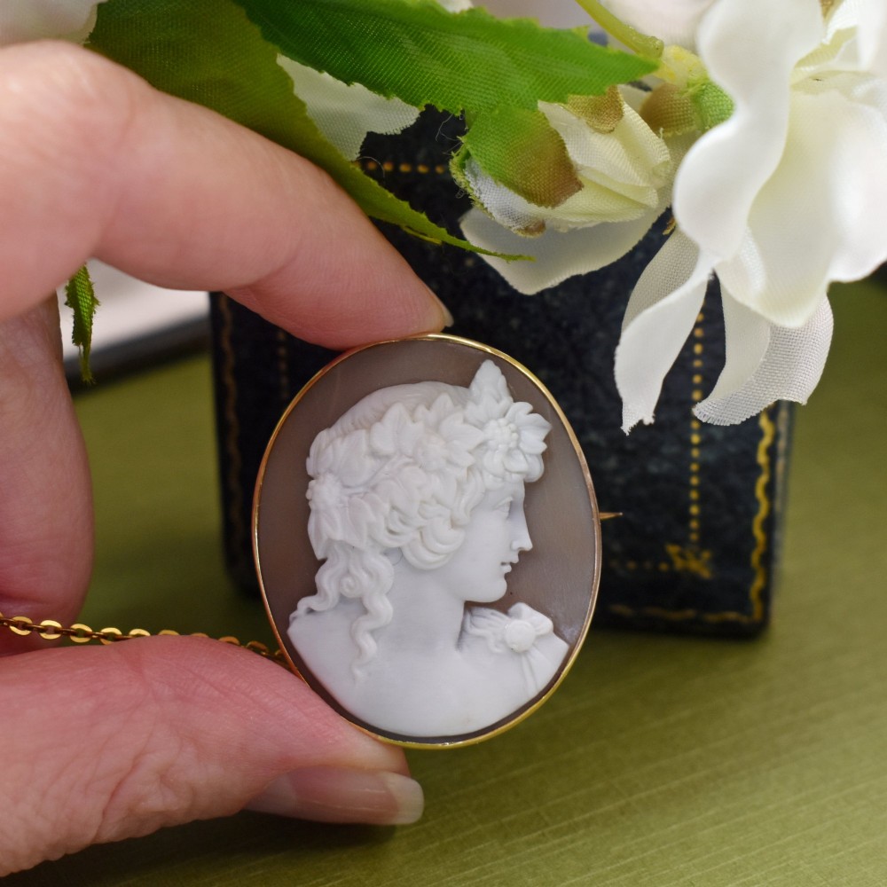 An oval Victorian shell cameo brooch depicting a relief profile carving of Antinous adorned with a floral wreath, set in a gold frame. View VII