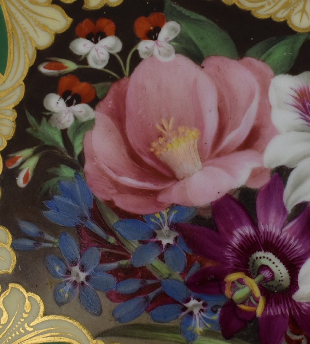 A rectangular green porcelain tray with elaborate gold scrollwork framing a hand-painted botanical bouquet in the centre. View IV