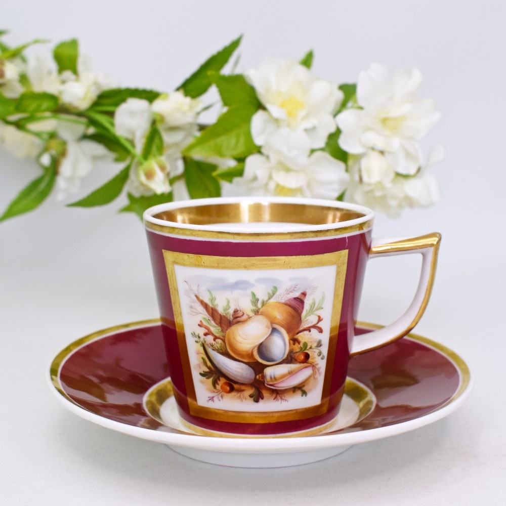 A Regency-era porcelain coffee cup and saucer featuring a deep claret ground, gilded borders, and a hand-painted panel depicting seashells.