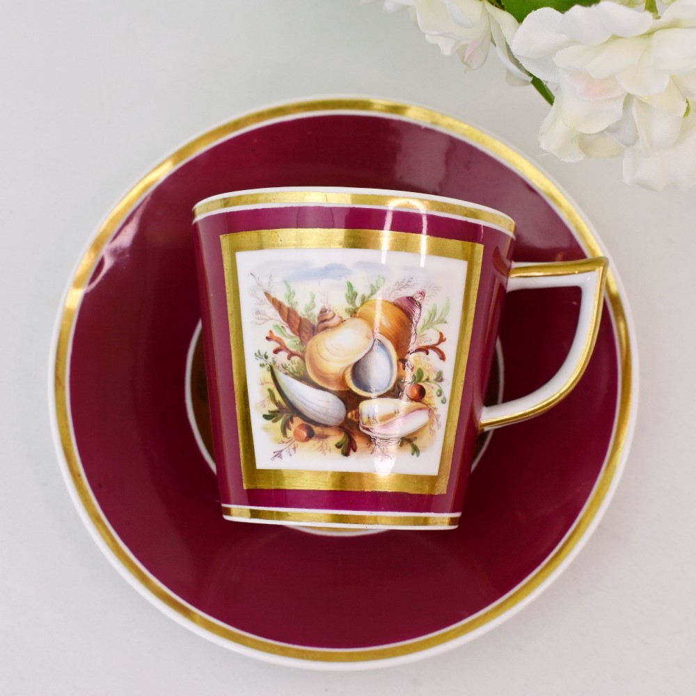 A Regency-era porcelain coffee cup and saucer featuring a deep claret ground, gilded borders, and a hand-painted panel depicting seashells. View IV