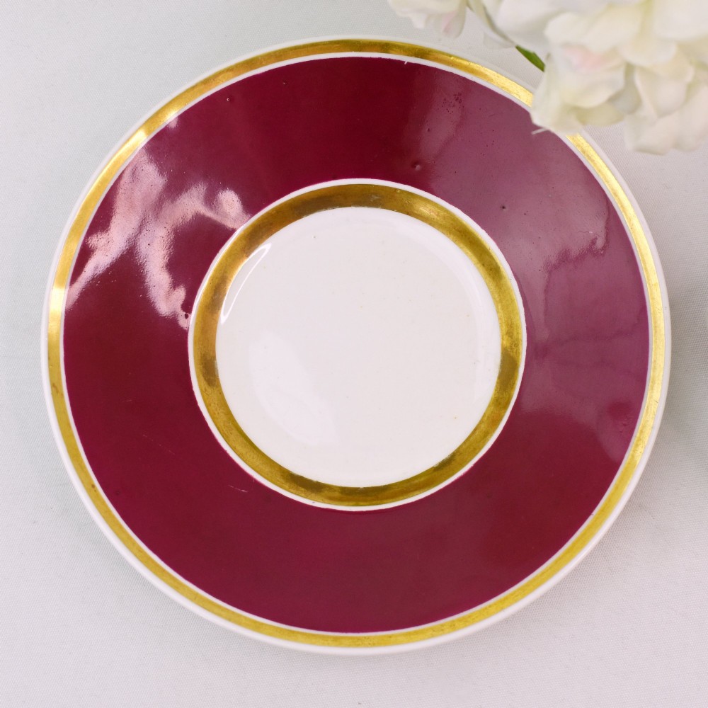 A Regency-era porcelain coffee cup and saucer featuring a deep claret ground, gilded borders, and a hand-painted panel depicting seashells. View V