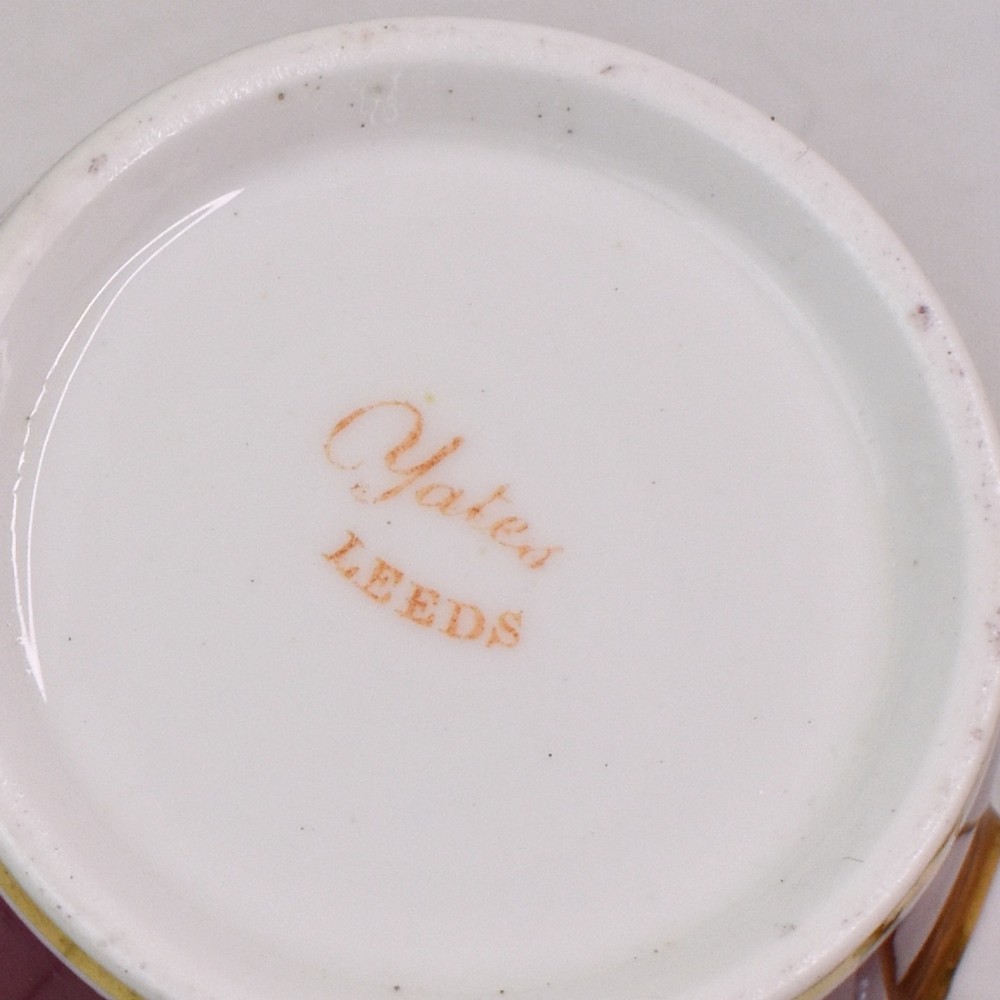 A Regency-era porcelain coffee cup and saucer featuring a deep claret ground, gilded borders, and a hand-painted panel depicting seashells. View VIII