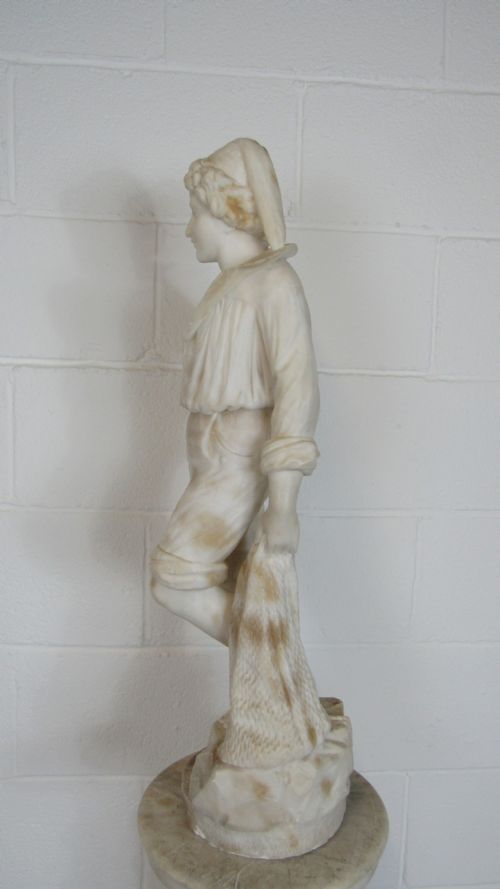 MARBLE AND ALABASTER FIGURE THE FISHER BOY - ADDITIONAL PHOTO 17