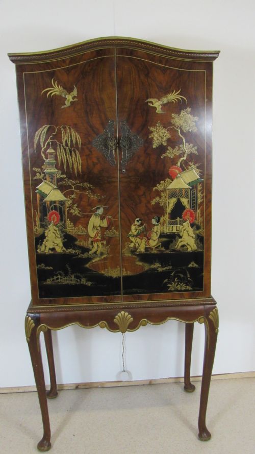 superb walnut chinoiserie cocktail cabinet - CATEGORY: ANTIQUE CUPBOARDS - DATED 1910