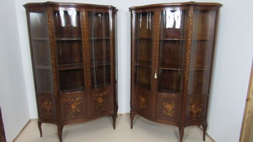 wonderful edwardian pair of serpentine inlaid display cabinets - CATEGORY: ANTIQUE CABINETS - DATED EDWARDIAN