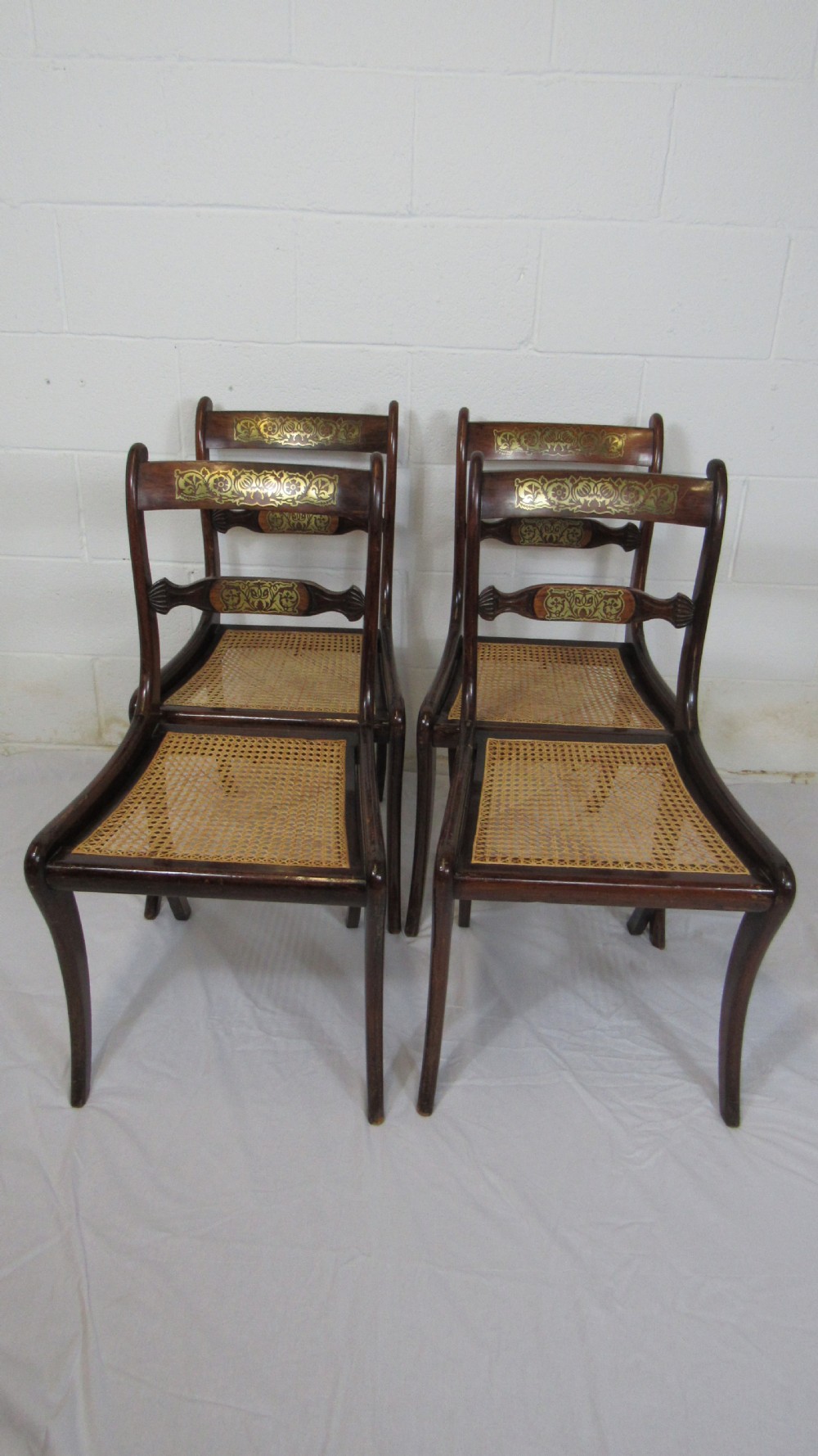 set of 4regency brass inlaid chairs