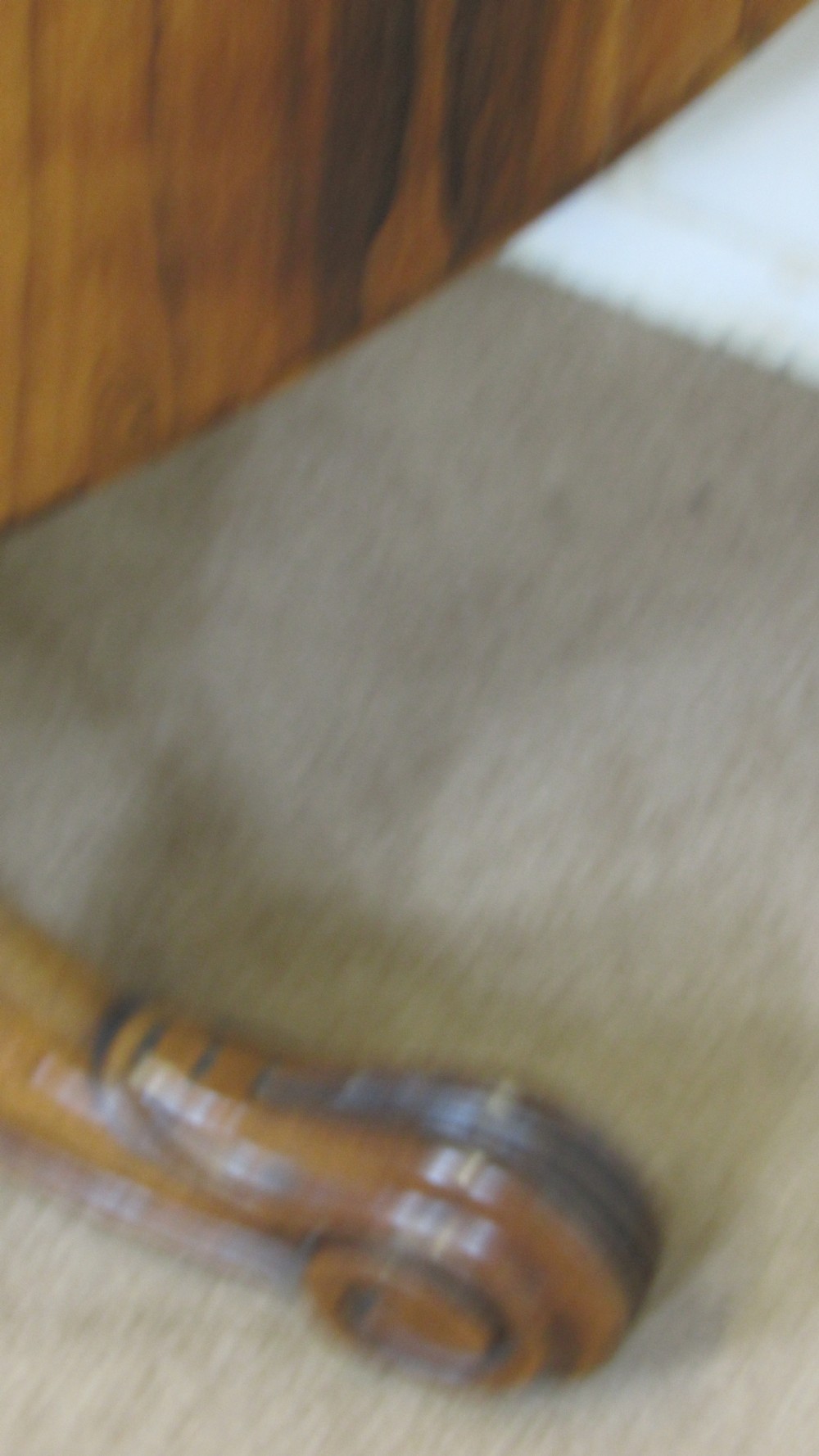 A circular antique rosewood tilt-top table shown in a vertical tilted position, displaying figured timber grain and a carved tripod base. View V